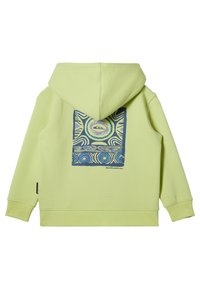 Lichtgroene hoodie met een grote kleurrijke grafische afdruk op de achterkant met cirkelvormige patronen. Gemaakt van zachte stof en heeft een comfortabele pasvorm.