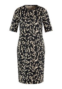 Schwarzes Kleid mit kurzen Ärmeln, das ein beiges abstraktes Muster aufweist, einen runden Halsausschnitt hat und eine taillierte Silhouette bietet. Hergestellt aus einem weichenTextilmaterial.