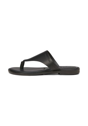Black flip-flop with a thong strap design, made of smooth synthetic material. Features a slight texture on the sole and logo on the side.