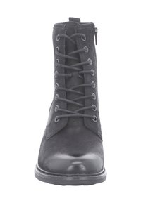 Czarne skórzane botki za kostkę z przodem na sznurowadła, bocznym zamkiem, gładkim noskiem i matowym wykończeniem o subtelnej teksturze.