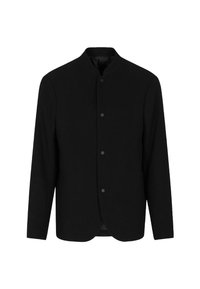 Giacca nera con colletto alla cinese, realizzata in tessuto liscio. Presenta una chiusura con bottoni davanti e maniche lunghe. Design pulito e minimalista.