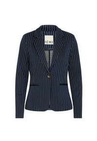 Blazer navy à rayures blanches, fermeture à un bouton et revers crantés. Équipé de deux poches avant et d'une coupe ajustée.