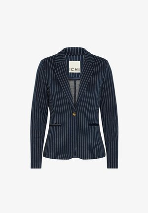Blazer navy à rayures blanches, fermeture à un bouton et revers crantés. Équipé de deux poches avant et d'une coupe ajustée.