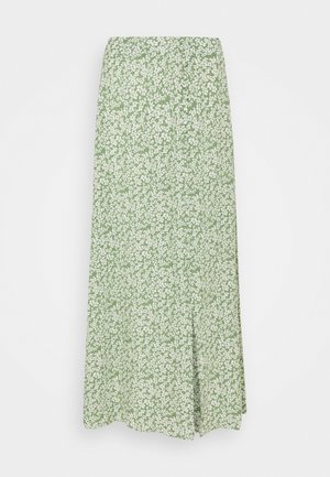 Jupe midi verte avec un petit motif floral blanc, ajustée à la taille, s'évasant légèrement vers l'ourlet.
