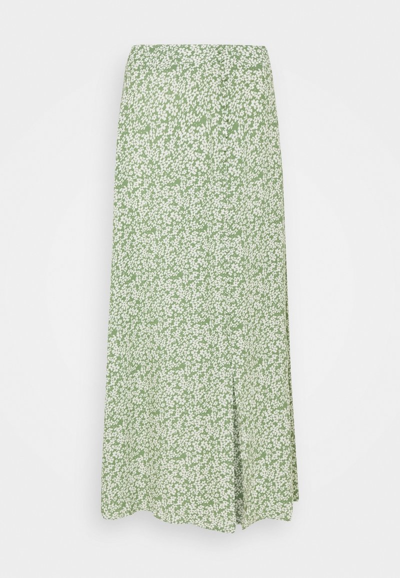 Jupe midi verte avec un petit motif floral blanc, ajustée à la taille, s'évasant légèrement vers l'ourlet.