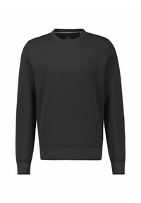 Schwarzer Strickpullover mit Rundhalsausschnitt, langen Ärmeln, gerippten Bündchen und Saum, mit einem dezenten Logo auf der Brust.