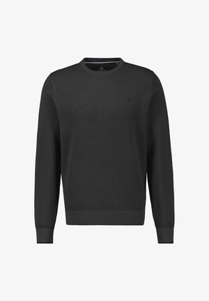 Schwarzer Strickpullover mit Rundhalsausschnitt, langen Ärmeln, gerippten Bündchen und Saum, mit einem dezenten Logo auf der Brust.