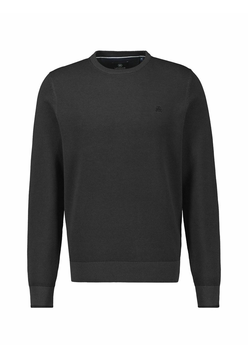 Schwarzer Strickpullover mit Rundhalsausschnitt, langen Ärmeln, gerippten Bündchen und Saum, mit einem dezenten Logo auf der Brust.