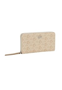 Portafoglio beige con zip a tutto giro in tessuto testurizzato, caratterizzato da un sottile motivo a logo, hardware in tonalità argento e un cinturino da polso removibile.