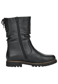 Botte de cheville en cuir noir au design décontracté, avec fermeture éclair latérale et surface texturée. Dotée d'une semelle robuste et d'un accent de couture contrastant.