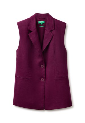 Mouwloze donkerpaarse blazer-vest met reverskraag, twee knopen en twee voorzakken met openingen, plat gelegd op witte achtergrond.