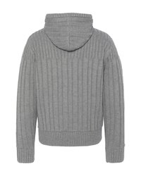 Grijze geribbelde trui met capuchon, lange mouwen en een textuurgebreid patroon. De zoom en manchetten hebben een effen geribbelde afwerking.