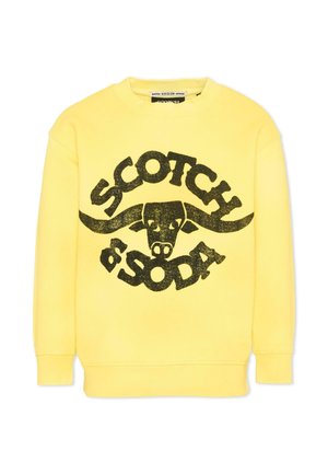 Felpa gialla con una grande grafica nera della testa di un toro e la scritta "SCOTCH & SODA" sul davanti.