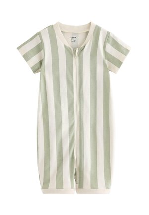 Kortærmet babyheldragt med lodrette grønne og hvide striber og lynlås foran.