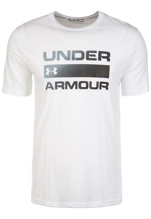 Weißes kurzärmeliges Under Armour T-Shirt mit schwarzem Logo und dem Schriftzug "UNDER ARMOUR" auf der Vorderseite.