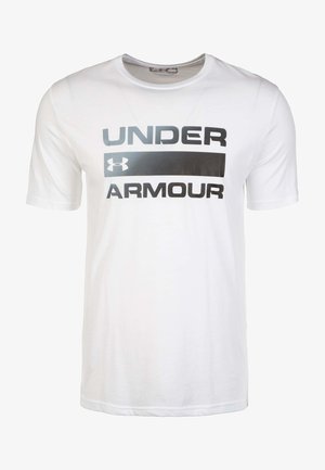 Weißes kurzärmeliges Under Armour T-Shirt mit schwarzem Logo und dem Schriftzug "UNDER ARMOUR" auf der Vorderseite.