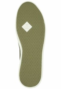 Shoe sole with olive green textured tread pattern, white edge trim, and a small white diamond logo near the center. Size 37 marked near the heel.