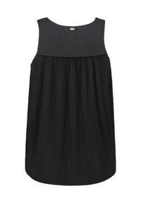 Vestido negro sin mangas con falda plisada, que presenta un cuerpo sólido y un escote redondo. Fabricado con una tela suave con pliegues verticales.