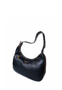 Borsa a tracolla in pelle nera con forma curva, dotata di chiusura a zip, dettagli in metallo dorato e una tracolla corta e regolabile.