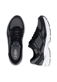 Black and gray mesh athletic shoes with a padded tongue, reflective accents, and white rubber soles. Features a lace-up design.