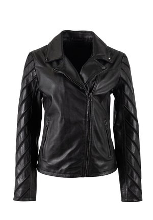 Schwarze Leder-Motorradjacke mit Reverskragen, asymmetrischem Frontreißverschluss und gesteppter Detailverarbeitung an den Ärmeln. Glatte Textur.