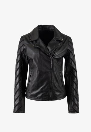 Schwarze Leder-Motorradjacke mit Reverskragen, asymmetrischem Frontreißverschluss und gesteppter Detailverarbeitung an den Ärmeln. Glatte Textur.