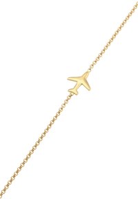 Goldene Gliederarmband mit kleinem Flugzeuganhänger, glatter Oberfläche und ovalen Gliedern. Das Design ist schlicht und minimalistisch.