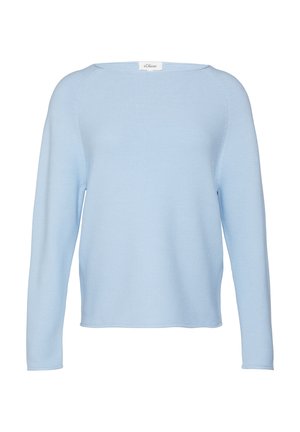 Hellblauer Strickpullover mit langen Ärmeln, weitem Ausschnitt und entspannter Passform. Strukturierter Stoff mit einem dezenten Rippmuster. Etikett auf der Rückseite sichtbar.