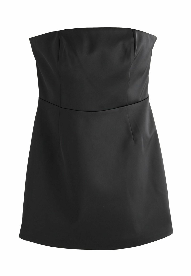Čierne šaty bez ramienok, hladká tkanina, priliehavý korzet, rozšírená sukňa a postranné vrecká. Jednoduchý, elegantný dizajn bez ozdôb.