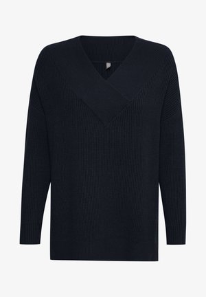Mørk marineblå ribstrikket sweater med dyb V-hals og lange ærmer.