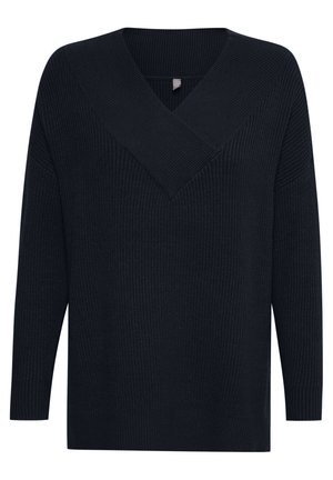 Dark navy ribbed knit sweater with a deep V-neck, long sleeves, and a relaxed fit. Features textured fabric and no visible hardware.