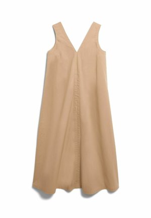 Ärmelloses beiges Kleid mit V-Ausschnitt und lockerer, langer A-Linien-Silhouette, dargestellt auf weißem Hintergrund.