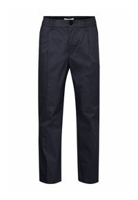 Navy blue trousers with a smooth texture, featuring an elastic waistband, button closure, and straight-leg design.