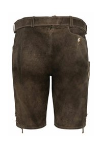 Bruine leren shorts met een gestructureerde afwerking, voorzien van een riem in de taille, een achterzak en verstelbare zijkanten. Eenvoudig ontwerp en effen kleur.