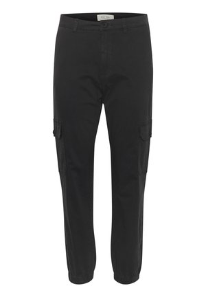 Pantalons cargo noirs avec une coupe slim, en coton. Comportent des poches latérales et des poignets élastiques aux chevilles.