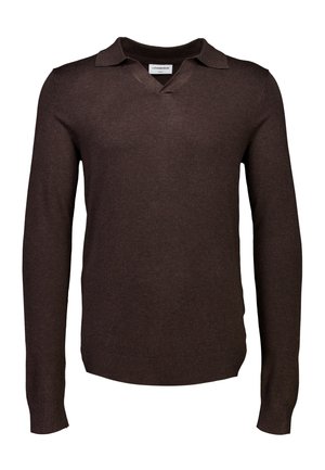 Męski brązowy sweter z długim rękawem, z kołnierzykiem polo i dopasowanym krojem.