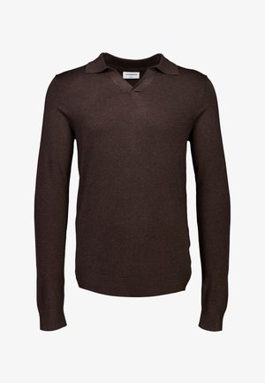 Heren lange mouwen bruine trui met een polo kraag en een slim fit ontwerp.