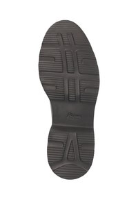 Suola di scarpa in gomma nera con pattern di battistrada texturizzati, caratterizzata da scanalature orizzontali e verticali per una migliore aderenza. Logo del marchio visibile al centro.