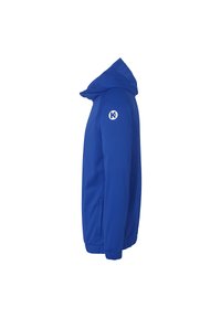 Veste bleue avec capuche, fabriquée en tissu doux. Comprend un logo sur la manche gauche et des poignets élastiques. Poches latérales pour le rangement.