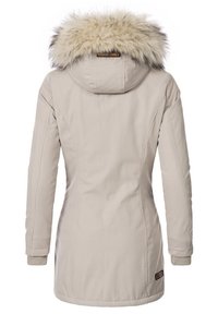 Beige jacket with a fur-lined hood, smooth texture, fitted shape, and ribbed cuffs. Features a brown logo accent near the hem.