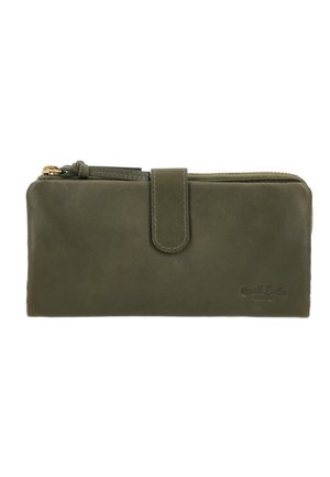 Portafoglio in pelle verde oliva con chiusura a zip, patta frontale e un logo impresso in modo sottile. Texture liscia con accessori in metallo dorato.