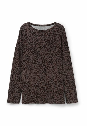 Langärmeliges braunes Hemd mit schwarzem Leopardenmuster, Rundhalsausschnitt und lockerem Schnitt.