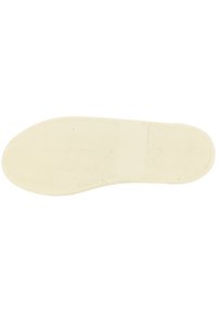 Rubberen sneakerzool, crème kleur, met een getextureerd zigzagpatroon. Gladde centrale sectie, afgeronde punt en vlakke randen voor slipweerstand.