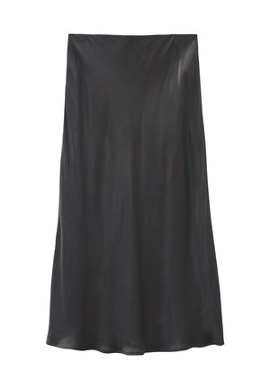 Satin-schwarzer Sliprock mit einem fließenden Design in knielanger Länge. Glatte Textur und leichter Glanzfinish, mit einem einfachen, unverzierten Schnitt.