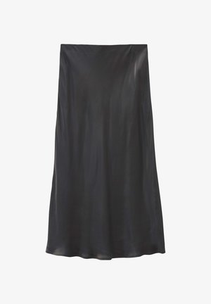 Satin-schwarzer Sliprock mit einem fließenden Design in knielanger Länge. Glatte Textur und leichter Glanzfinish, mit einem einfachen, unverzierten Schnitt.