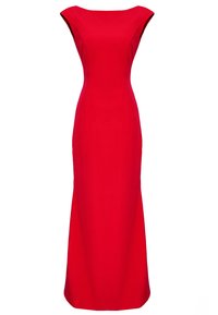 Czerwona sukienka bez rękawów z dopasowanym górnym fasonem i rozszerzającą się spódnicą do ziemi. Gładki materiał o matowym wykończeniu, minimalistyczny design.