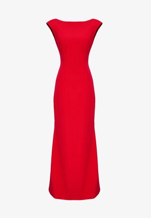 Czerwona sukienka bez rękawów z dopasowanym górnym fasonem i rozszerzającą się spódnicą do ziemi. Gładki materiał o matowym wykończeniu, minimalistyczny design.