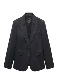 Blazer nero su misura con revers, due tasche frontali, chiusura con bottone e texture liscia, realizzato in un tessuto leggero.