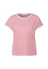 Camiseta de manga corta a rayas rojas y blancas con cuello redondo y puños blancos; hecha de una tela ligera, presenta un corte relajado.