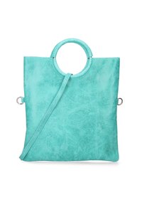 Turquoise leren totebag met een ronde handgreep, platte vorm en een afneembare schouderriem. Glad textuur met subtiele markeringen.